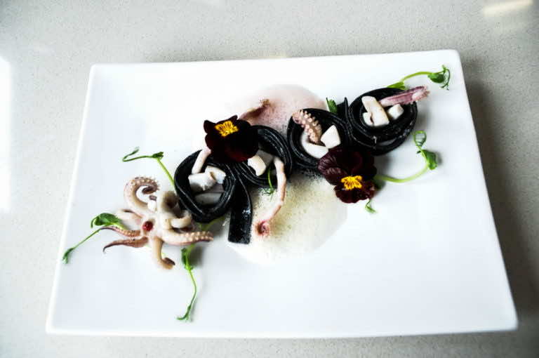 Kalmary na makaronie z sepią z pianką cytrynową