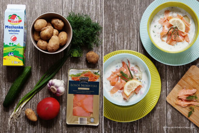 Biały chłodnik z młodymi ziemniakami i wędzonym łososiem