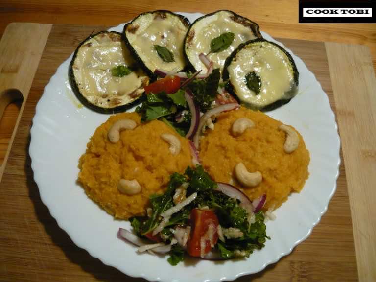 Grillowana cukinia z puree z batata i jarmużem