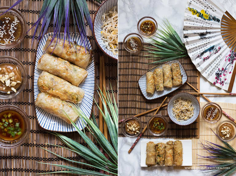 Sajgonki z kurczakiem, warzywami i trzema sosami