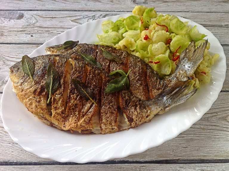 Dorada z limonkowym puree z listkami brukselki