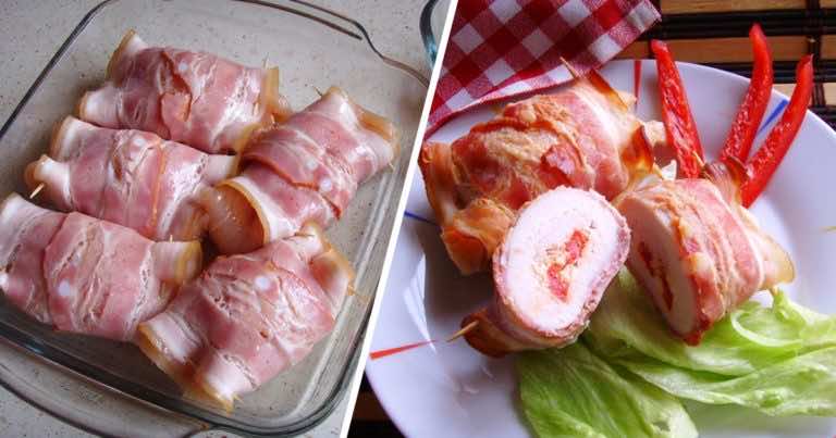 Roladki z piersi kurczaka z fetą i papryką zawijane w boczku.