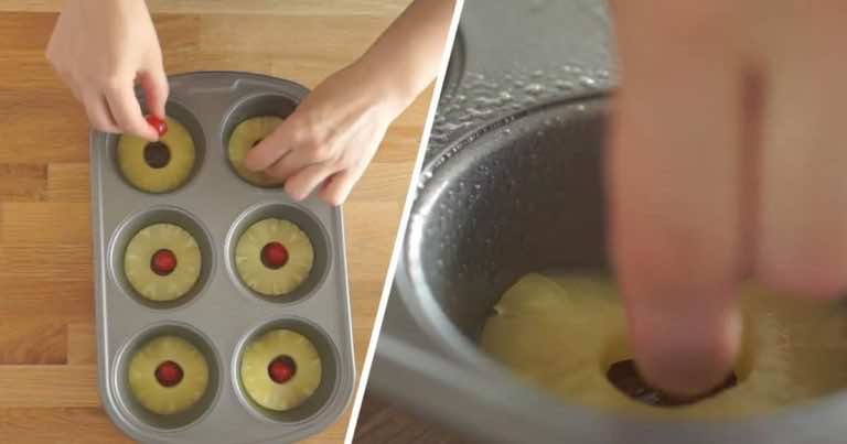 Plasterki ananasa włożyła do foremki na babeczki. Będziesz chciała zrobić tę przekąskę!