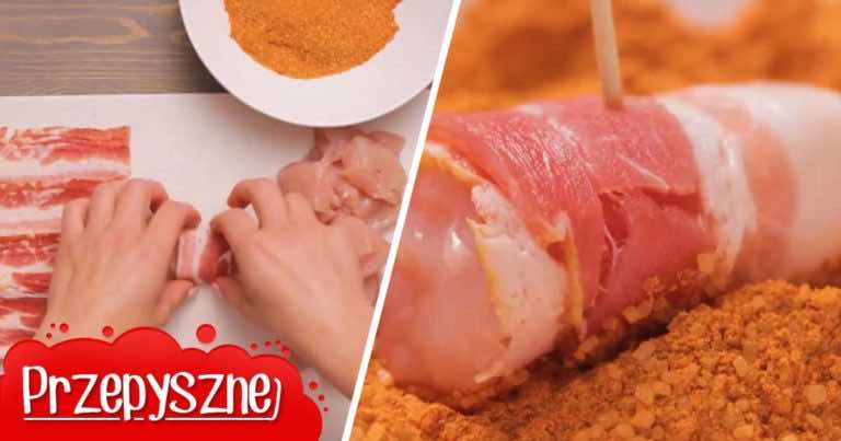 Kawałki kurczaka owinęła w boczek i obtoczyła w pikantnej panierce. Idealna przekąska na imprezę!