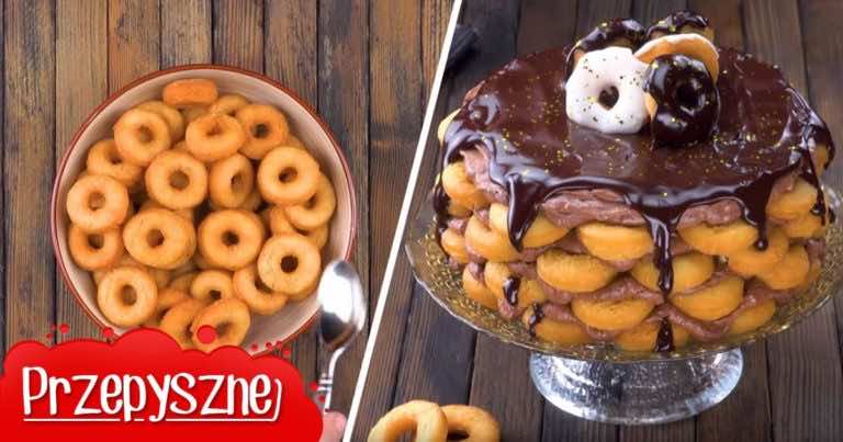 Tort z mini pączków z kremem czekoladowym i czekoladową polewą. Trudno się mu oprzeć!